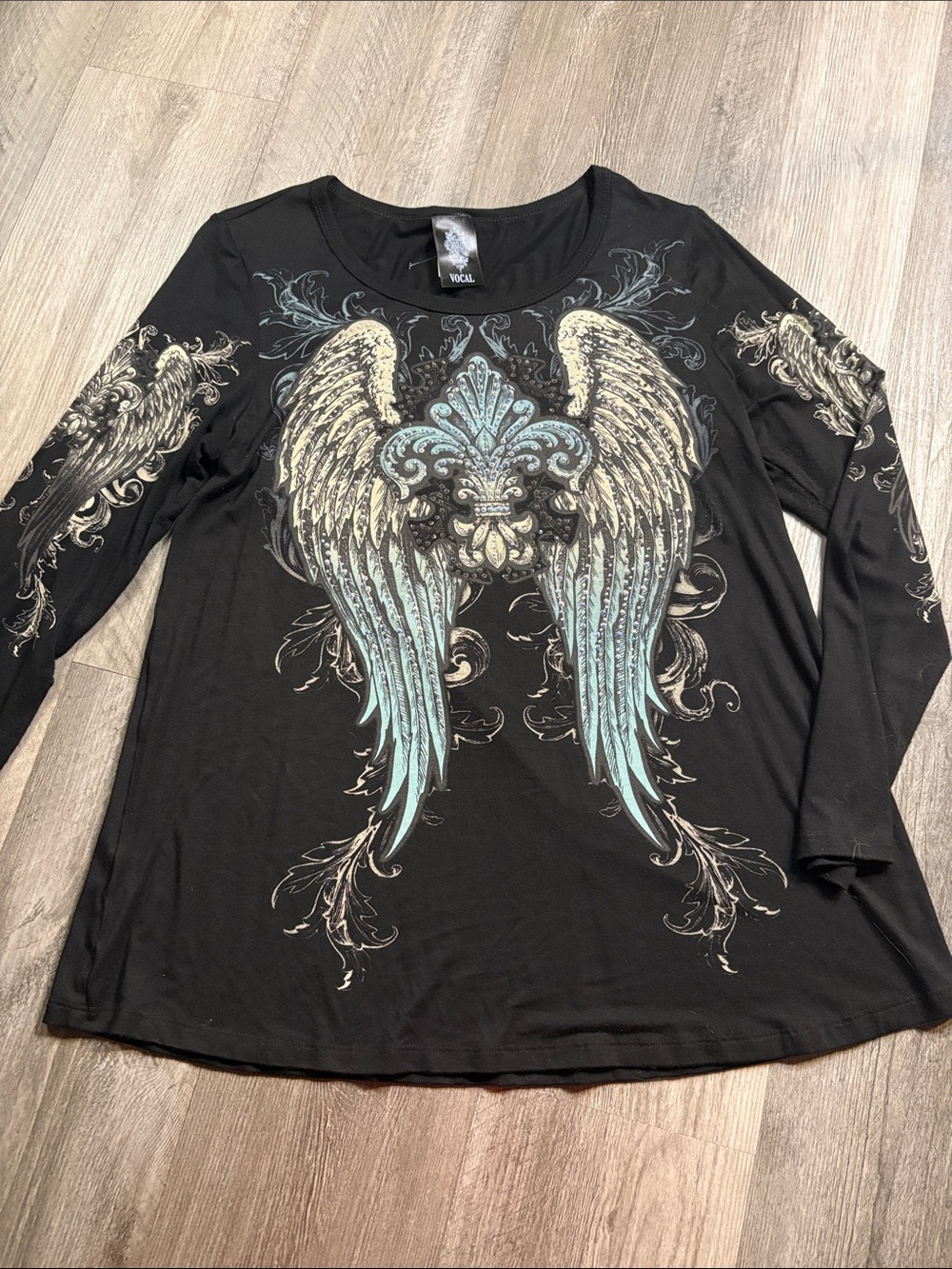 Vocal Black Long Sleeve Tee with Blue and Cream Angel Wing Graphic